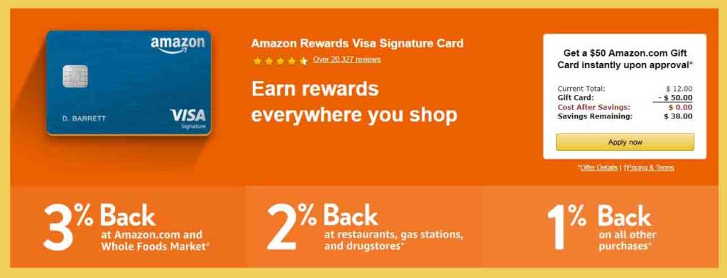 $50 free Amazon gift cards and 5% back on each Amazon purchase with Amazon Rewards Visa Signature Card
