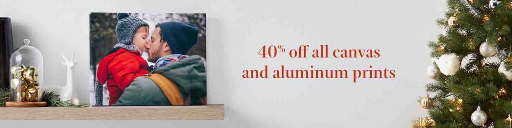 Promo code 'HOLIDAYDECOR40' for 40% off photo canvases, aluminum prints, and large prints