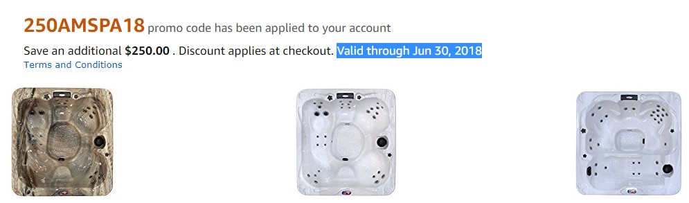 Promo code '250AMSPA18' for $250 off American Spas products on Amazon