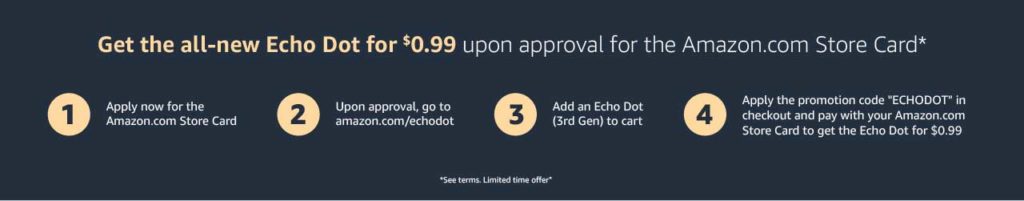 Promo code 'ECHODOT' for $0.99 Echo Dot upon approval of Amazon Store Card